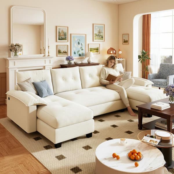 BNOP 104.7 in. Pillow Top Arm 3-Piece Chenille U-Shaped Convertible Sectional Sofa with USB Port in. Cream White