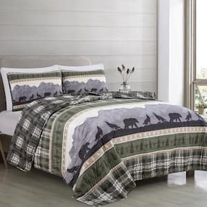 Multi-Colored Reversible Scenic Nature Printed King Microfiber 3-Piece Quilt Set Bedspread