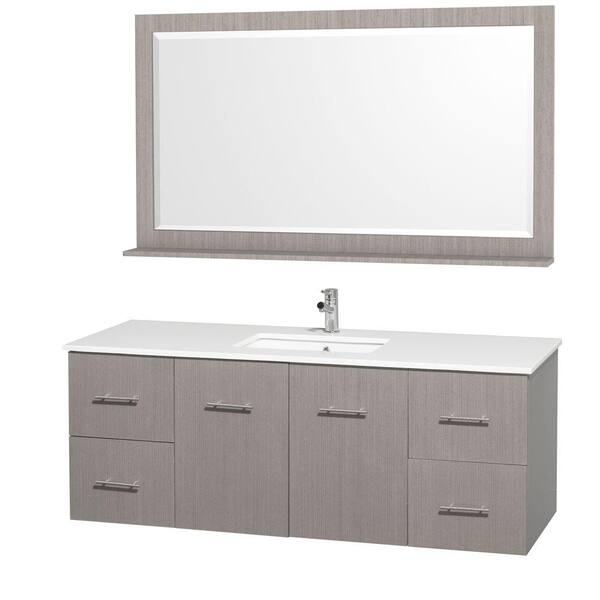 Wyndham Collection Centra 60 in. Vanity in Grey Oak with Man-Made Stone Vanity Top in White and Square Porcelain Undermounted Sink