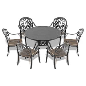 Elizabeth Black 7-Piece Cast Aluminum Outdoor Dining Set with 47.24 in. Round Table and Random Color Seat Cushions