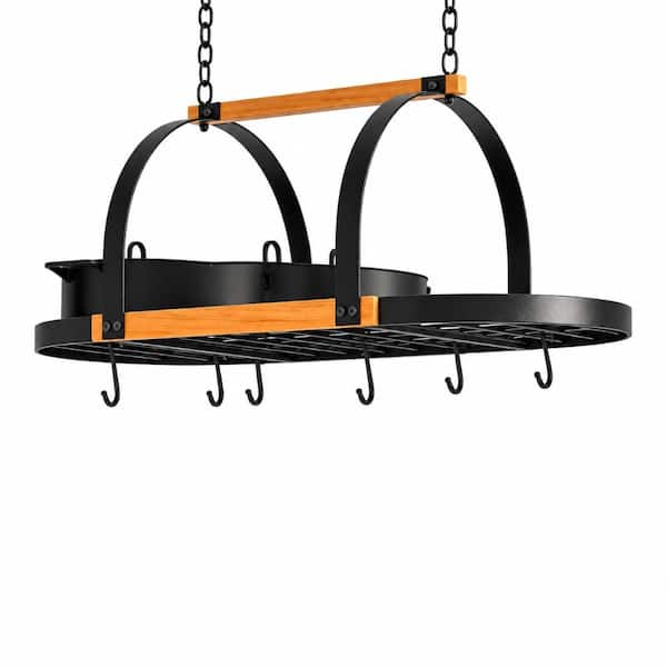 Black Ceiling-Mounted Hanging Pot Rack for Kitchen with 10 S Hooks, Metal and Engineered Wood, 32 in Wide