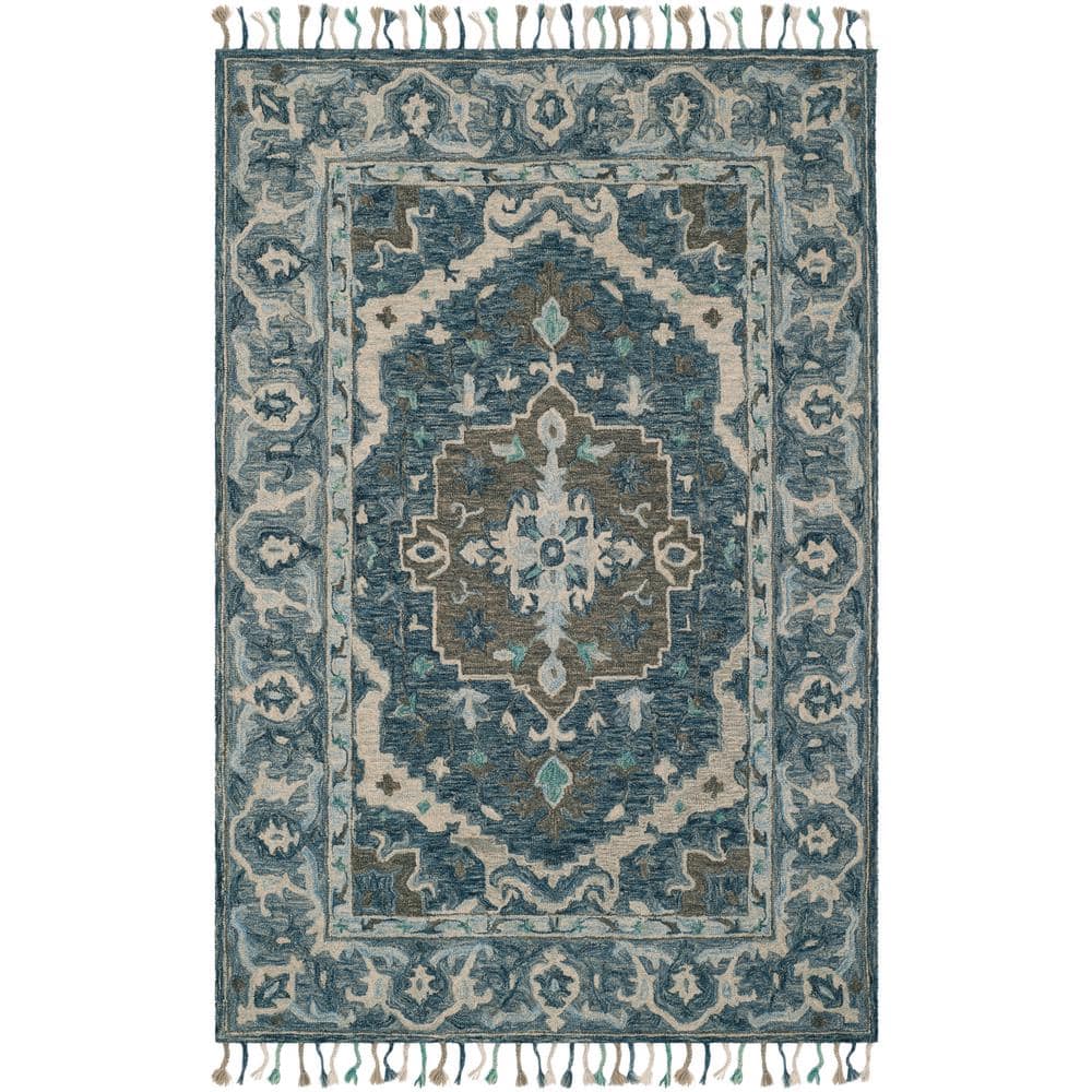 Bohemian Bliss Dark Blue Floral Hand-Tufted Wool Area Rug - 9' x 12'