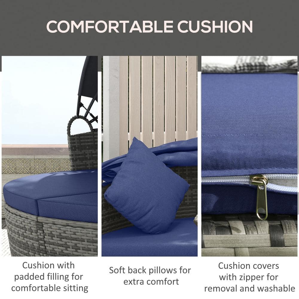 Dark Blue Round Rattan Outdoor Daybed with Adjustable Canopy