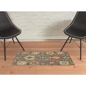 Grey Charcoal Yellow Blue Rust Red Pink Green and Ivory 2' x 3' Oriental Power Loom Stain Resistant Fringe Area Rug