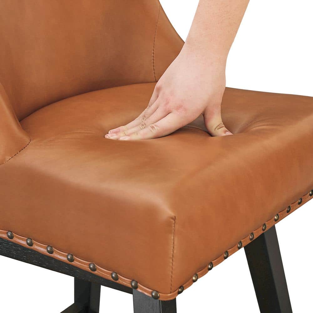 26 Inch Brown Faux Leather Swivel Counter Stools with Wood Legs