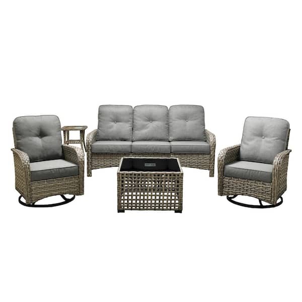 Ruby 5-Piece Wicker Outdoor Patio Conversation Sofa Set with Swivel Chairs, Solar-Light Table and Dark Grey Cushions