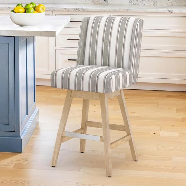 LUE BONA Joyce 26 in. Gray White Striped Fabric Upholstered Swivel Bar Stool with Solid Wood Leg Counter Stool