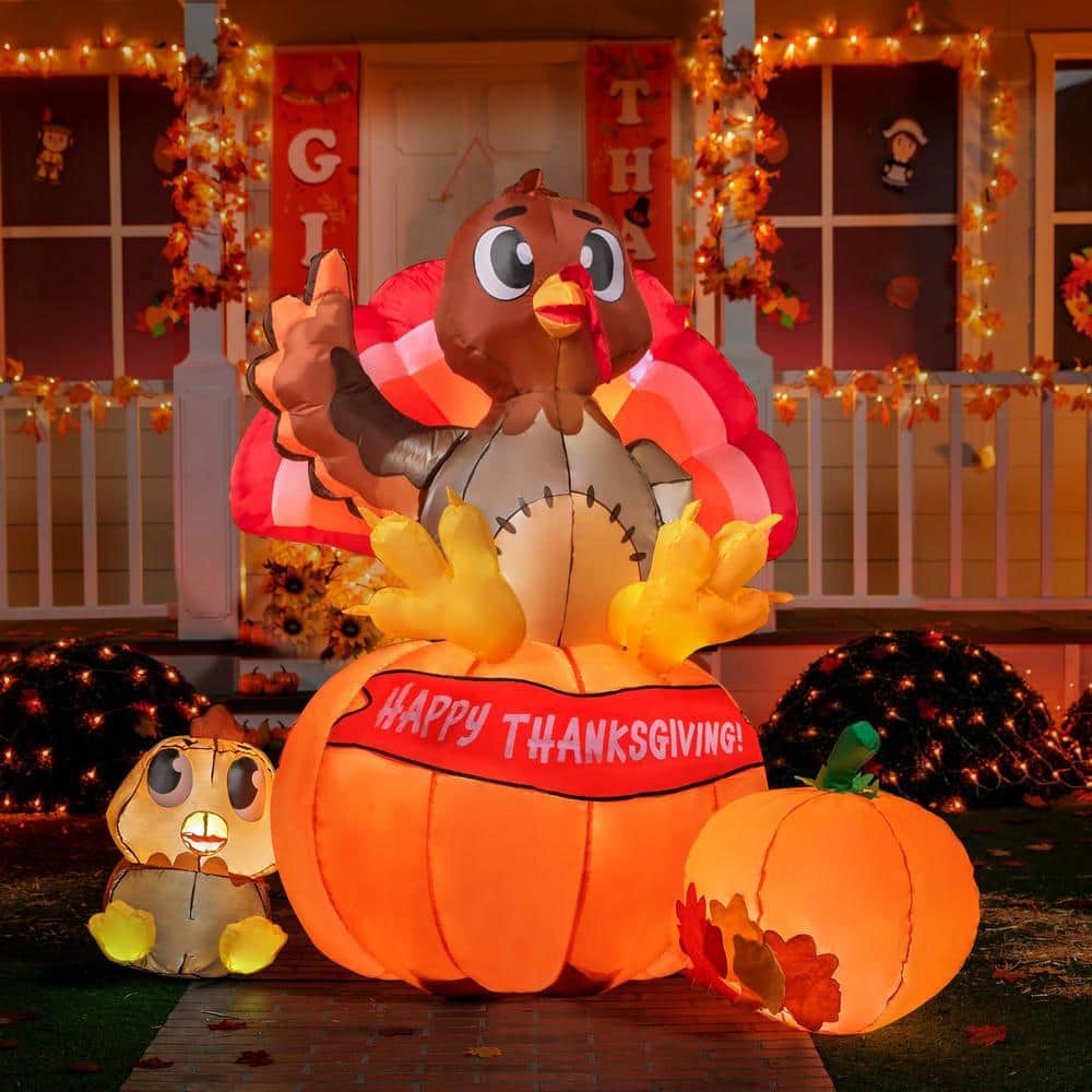 Joyfy 6 ft. Thanksgiving Inflatable Turkey on Pumpkin and Little Turkey ...