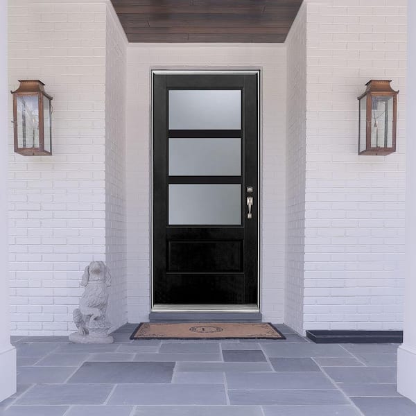 MP Doors 36 in. x 80 in. Left-Hand Inswing 3-Lite Frosted Glass Finished Black Fiberglass Prehung Front Door