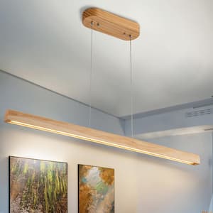19-Watt 1-Light Natural Wood Color Farmhouse Wood Grain Hanging Kitchen Island Light LED Linear Pendant Lighting