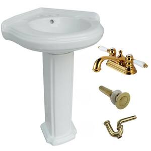 22 in. W White Corner Pedestal Bathroom Sink Vitreous China Basin, Pedestal Leg, Faucet, Drain and P-Trap