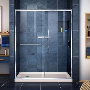 Infinity-Z 30 in. x 60 in. Semi-Frameless Sliding Shower Door in Chrome with Left Drain Shower Pan Base in Biscuit