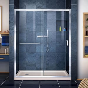 Infinity-Z 34 in. x 60 -Frameless Sliding Shower Door in Chrome with Left Drain Shower Pan Base in Biscuit