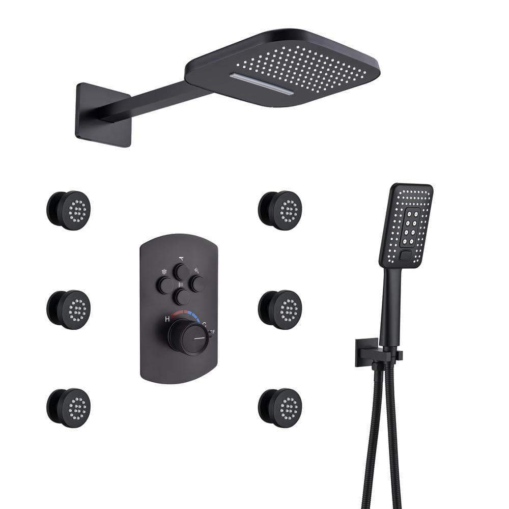 CASAINC 7-Spray Wall Mount Dual Fixed and Handheld Shower Head Multi-Function Shower System with 6 Body Jets in Matte Black