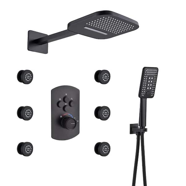CASAINC 4-Spray 22 in. Wall Mount Dual Shower Heads and Handheld Shower Head with 1.8 GPM 6-Body Spray in Matte Black