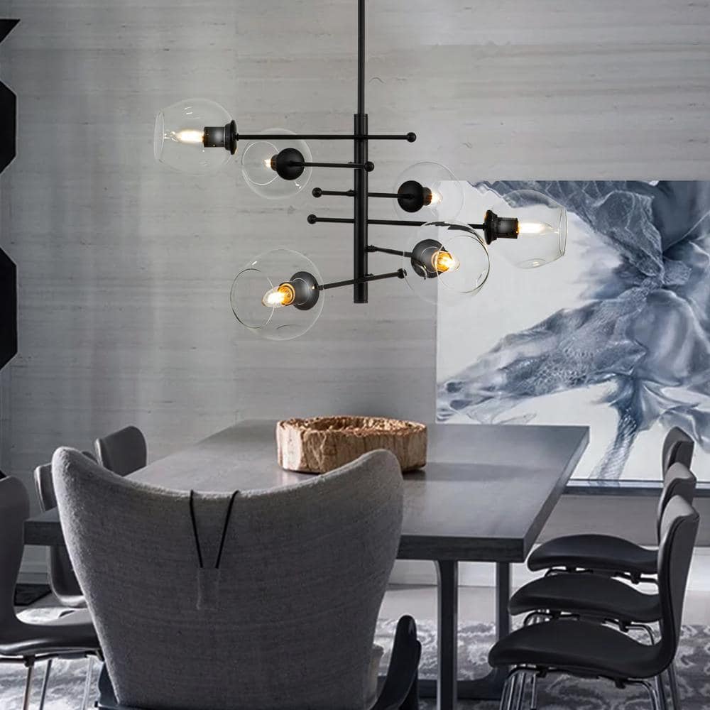6-Light Modern Matte Black Sputnik Chandelier with Wrought Iron and Clear G