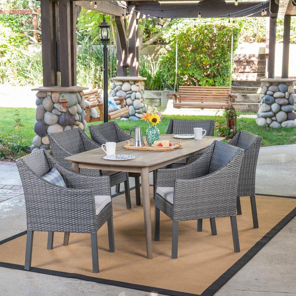 Noble House Ethan Gray 7-Piece Wood and Plastic Outdoor Dining Set with ...