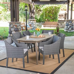 Ethan Gray 7-Piece Wood and Plastic Outdoor Dining Set with Silver Cushions