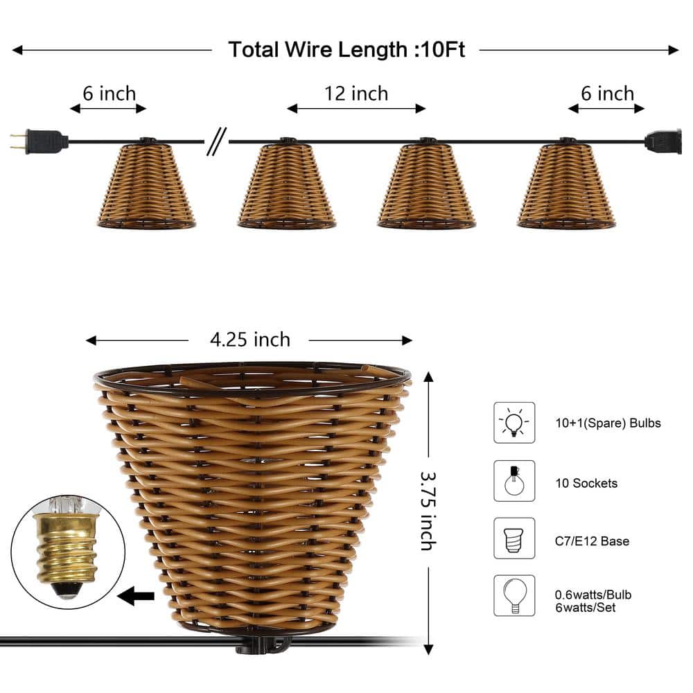 Brown Faux-Rattan Cone Shade Outdoor LED String Lights