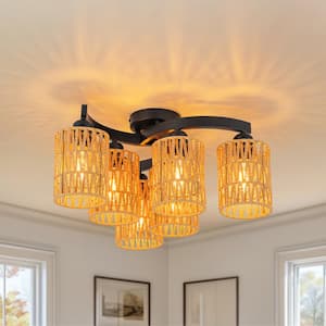 Trenzado 6-Light 20.5 in. Dia Farmhouse Black Semi Flush Mount Bohemian Caged Woven Rattan Ceiling Light for Kitchen