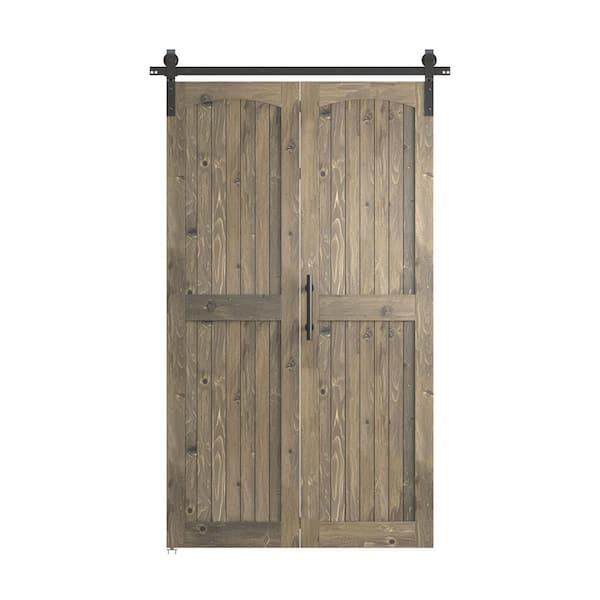 SANDING Assembled Arch Top 44 in. x 84 in. Solid Core Aged Barrel Pine Wood Bi-Fold Door With Hardware Kit