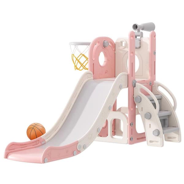 6-in-1 Toddler Slide Climber with Basketball Hoop and Telescope, ASTM HDPE Indoor Outdoor Playset