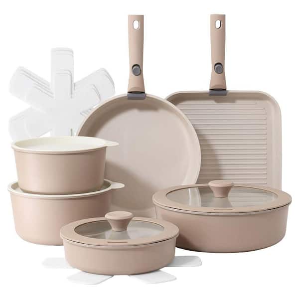 4 qt. 17 Piece Ceramic Nonstick Cookware Set with Removable Handle, Induction in Almond Beige, Set
