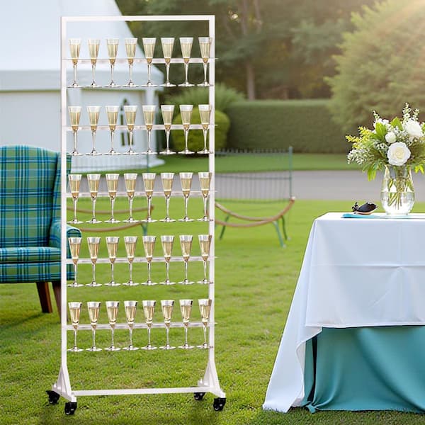 White Freestanding 5-Tier Metal Wine Glass Rack with Swivel Casters Holds 40 Glasses for Parties and Events