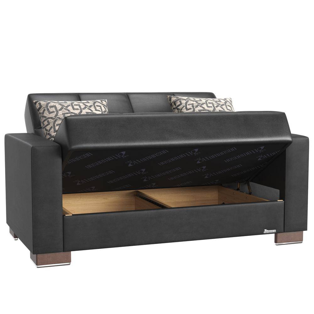 Black faux leather loveseat with the seat lifted to reveal under-seat storage.