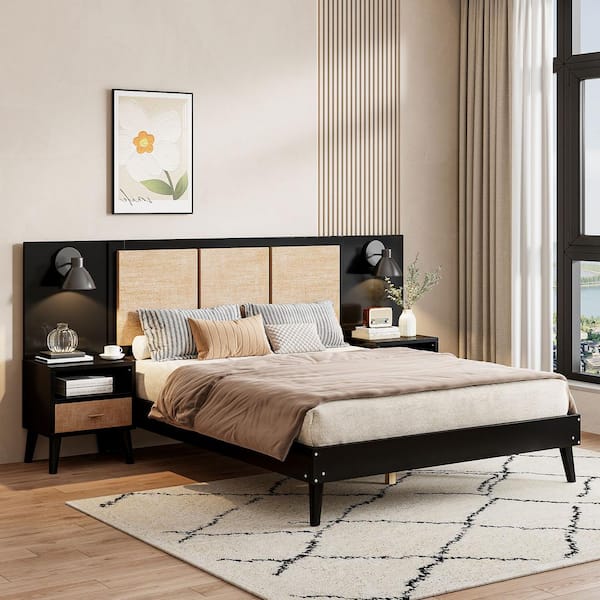 Harper & Bright Designs Black Solid Wood Frame Queen Size Platform Bed with 2 Nightstands, Lamps, Rattan and Wood Combination