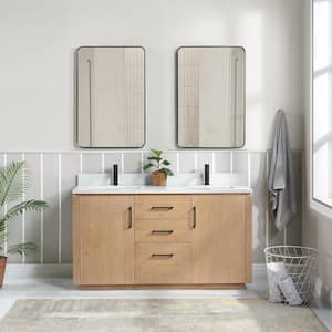 San 60 in.W x 22 in.D x 33.8 in.H Double Sink Bath Vanity in Fir Wood Brown with White Composite Stone Top and Mirror