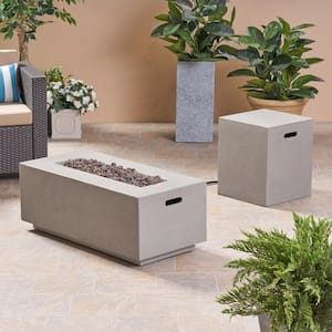 Zachary 40 in. x 15 in. Rectangular Concrete Propane Outdoor Patio Fire Pit in Light Gray with Tank Holder