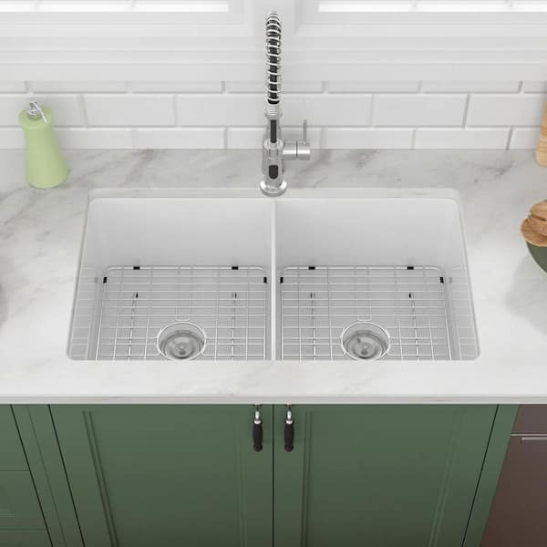 Sarlai 32 in. Undermount 50/50 Double Bowl White Porcelain Ceramic