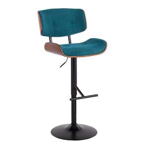 Lombardi 46.5 in. Teal Noise Fabric and Black Metal Adjustable Bar Stool with Walnut Wood Accents