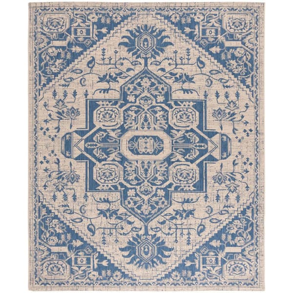 Courtyard Beige/Blue 8 ft. x 10 ft. Medallion Floral Orante Indoor/Outdoor Area Rug