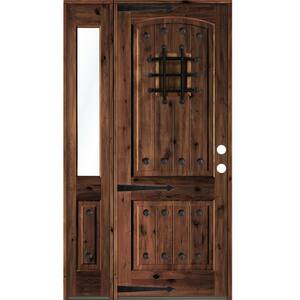 50 in. x 96 in. Mediterranean Knotty Alder Left-Hand/Inswing Clear Glass Red Mahogany Stain Wood Prehung Front Door