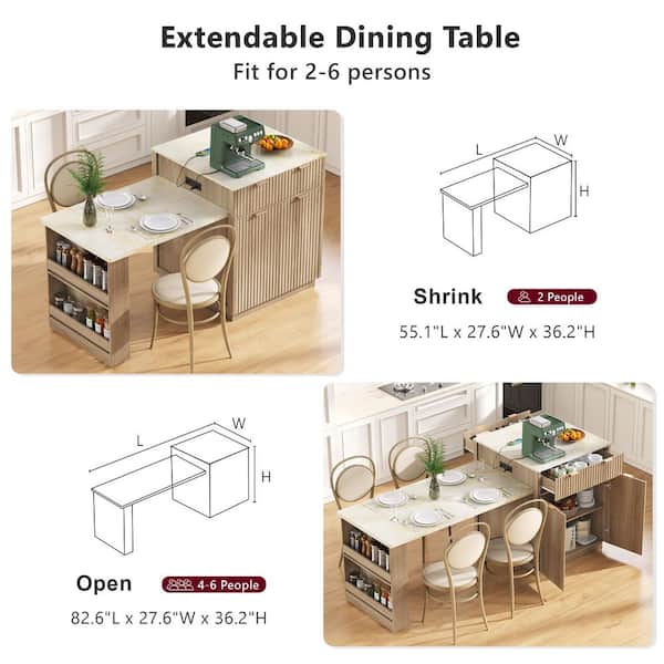 Cesicia Farmhouse Nature Wood 82.6 in. Kitchen Island Power Outlet