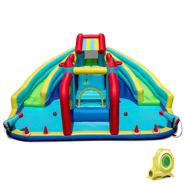 Inflatable Double Water Slide Park Bounce House Giant Bouncy Castle w/ Obstacle Course 735W Blower Included