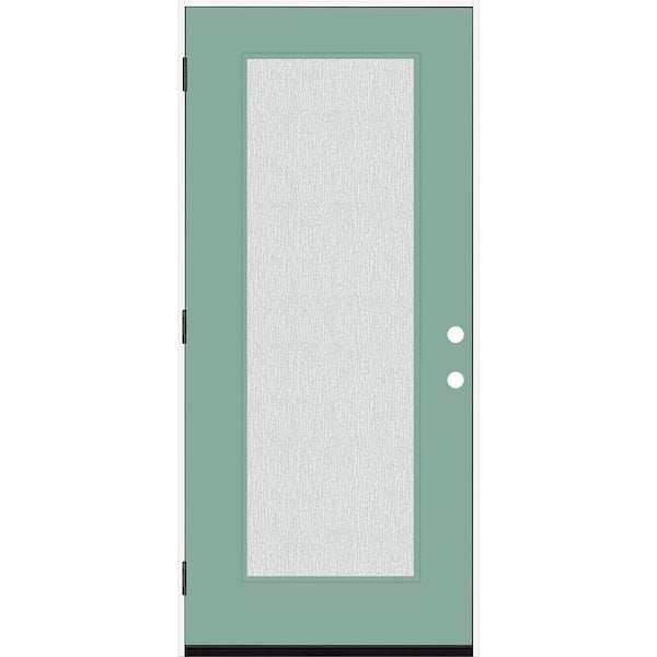 Legacy 36 in. x 80 in. Full Lite Rain Glass RHOS Primed Quarry Finish Fiberglass Prehung Front Door