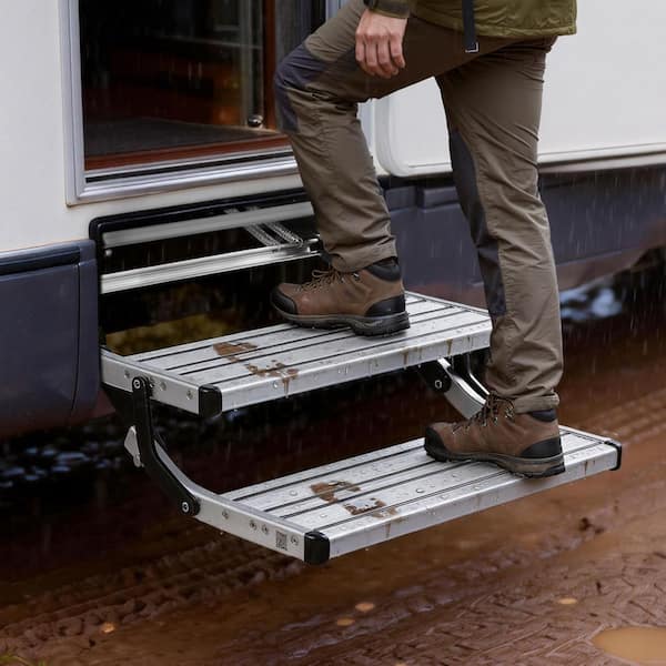 2 Step RV Stairs, 440 lbs. Load Capacity Manual Retractable Folding Aluminum Steps with Non Slip Steel Frame for Camper