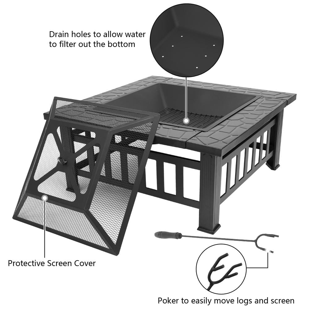 Karl home 32 in. W x 14 in. H Square Metal Wood Burning Fire Pit Table in Black 590946152814