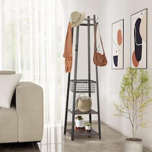 Industrial Coat Rack Freestanding, Brown 2-Clothes Stand with Metal Basket and 2-Shelves, Purse Hanger with 8-Dual Hooks