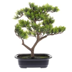 14.5 in. Artificial Pine Bonsai Tree - Potted Faux Plant with Ceramic Planter - Natural Looking Greenery Accent