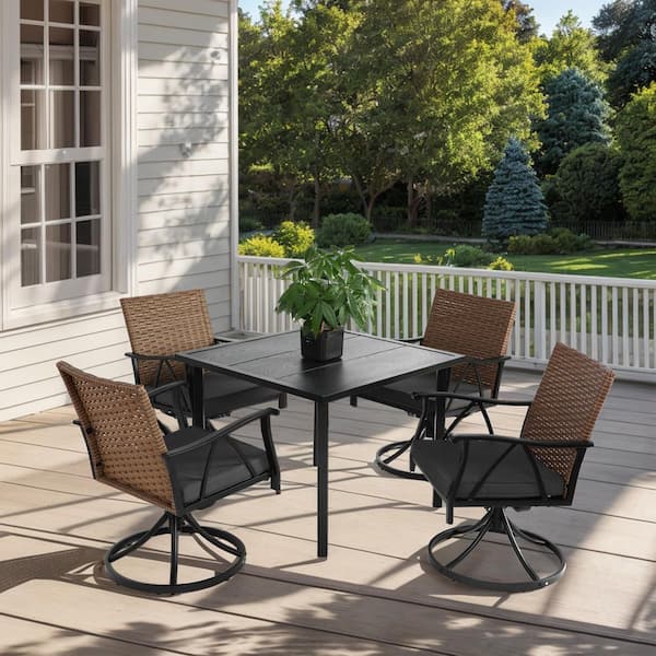 Tenleaf 5-Piece Wicker Outdoor Dining Set with Gray Cushions and Umbrella Hole, 4-Swivel Rocker Chairs and Table