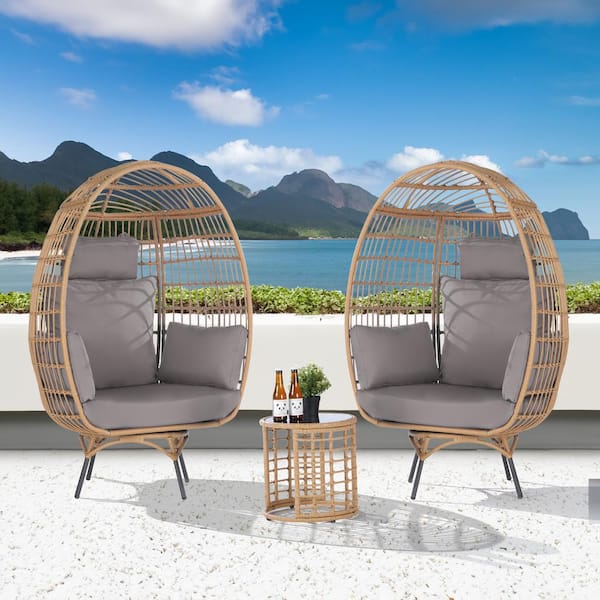 BFB 3-Piece Patio Wicker Swivel Lounge Outdoor Bistro Set with Side Table, Light Gray Cushions