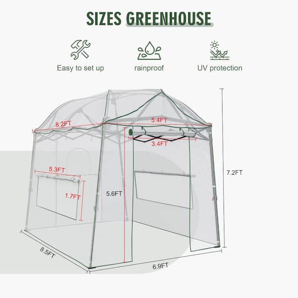 8.5 ft. x 7 ft. x 7 ft. Walk-in Greenhouse, Portable Pop-up with Adjustable Heights & Durable PE Cover