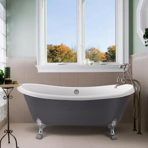 67 in. Dual-Rest Acrylic Clawfoot Bathtub Non-Whirlpool Double Slipper Soaking Bathtub in Gray