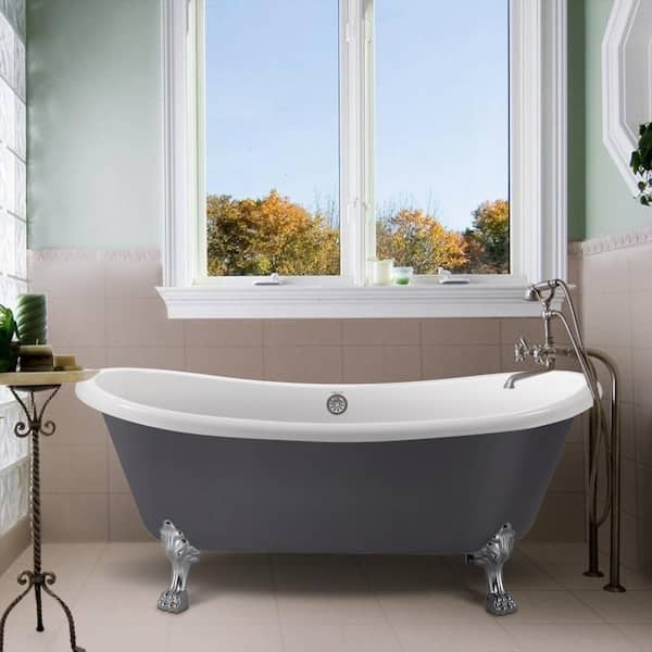 Mokleba 67 in. Dual-Rest Acrylic Clawfoot Bathtub Non-Whirlpool Double Slipper Soaking Bathtub in Gray