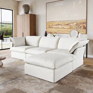123 in. Modular Linen Flannel 3-Seat Overstuffed Down Filled L-shape Sofa Free Combination Sectional with Ottoman, White