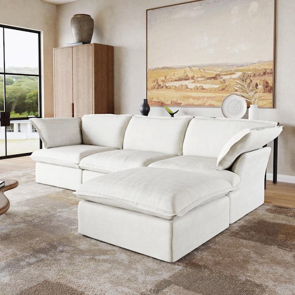 Magic Home 123 in. Modular Linen Flannel 3-Seat Overstuffed Down Filled L-shape Sofa Free Combination Sectional with Ottoman, White